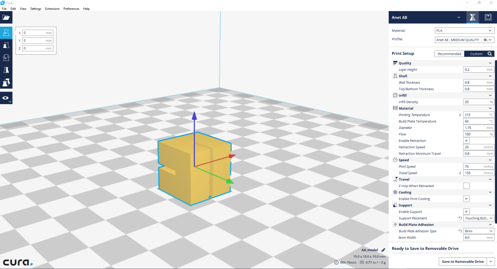 Single cube shown in Cura